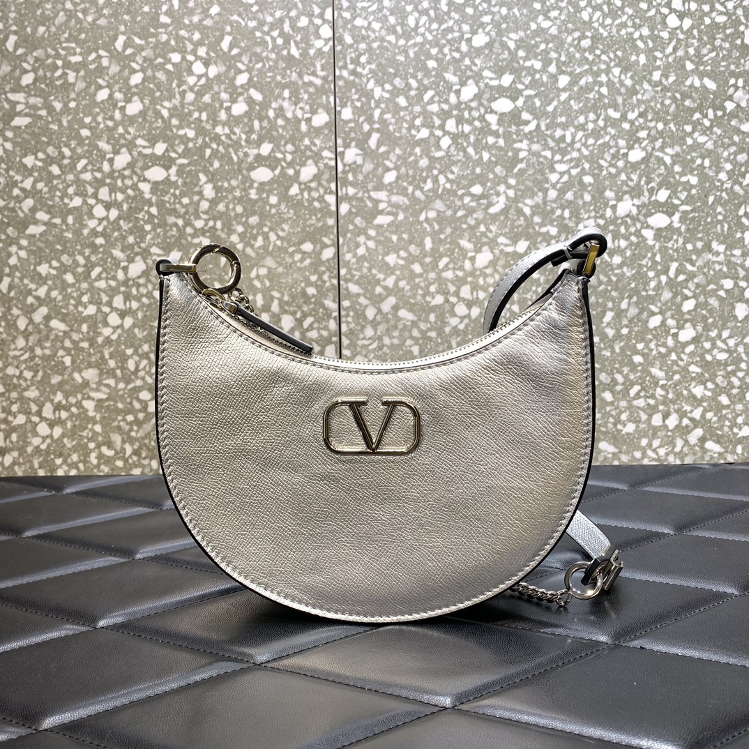 Valentino Garavani VLogo Signature Hobo Bag in Silver Grainy Calfskin Leather 